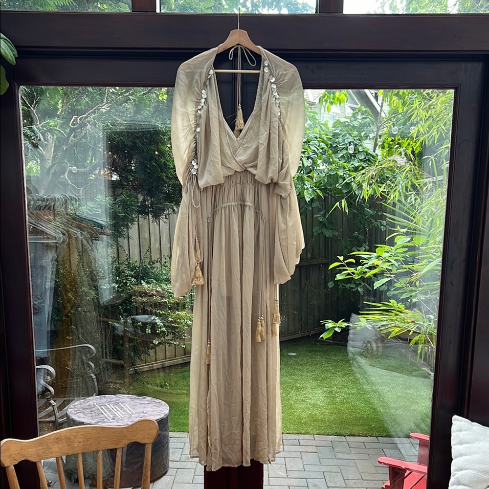 ASOS Cream Tan Gown with Plunge Neckline and Bishop Sleeves